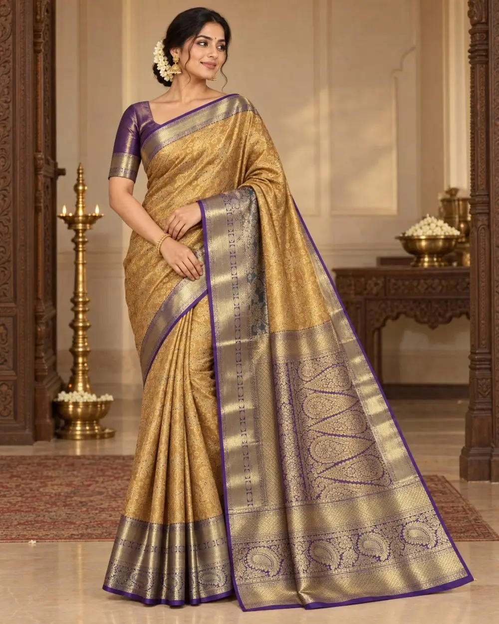 Mustard Gold Meenakari Pattu Saree with Purple Border