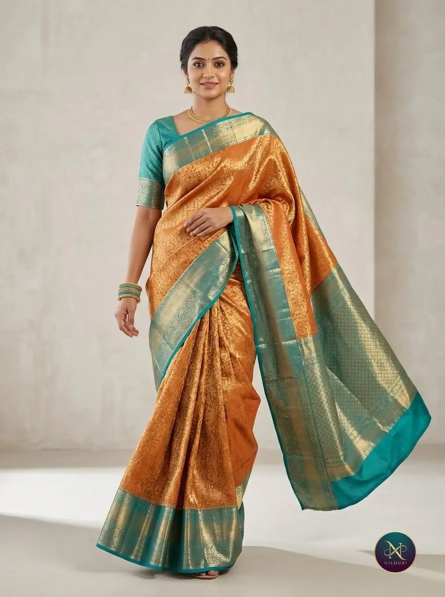 Rust Teal Pure Kanchi Pattu Saree