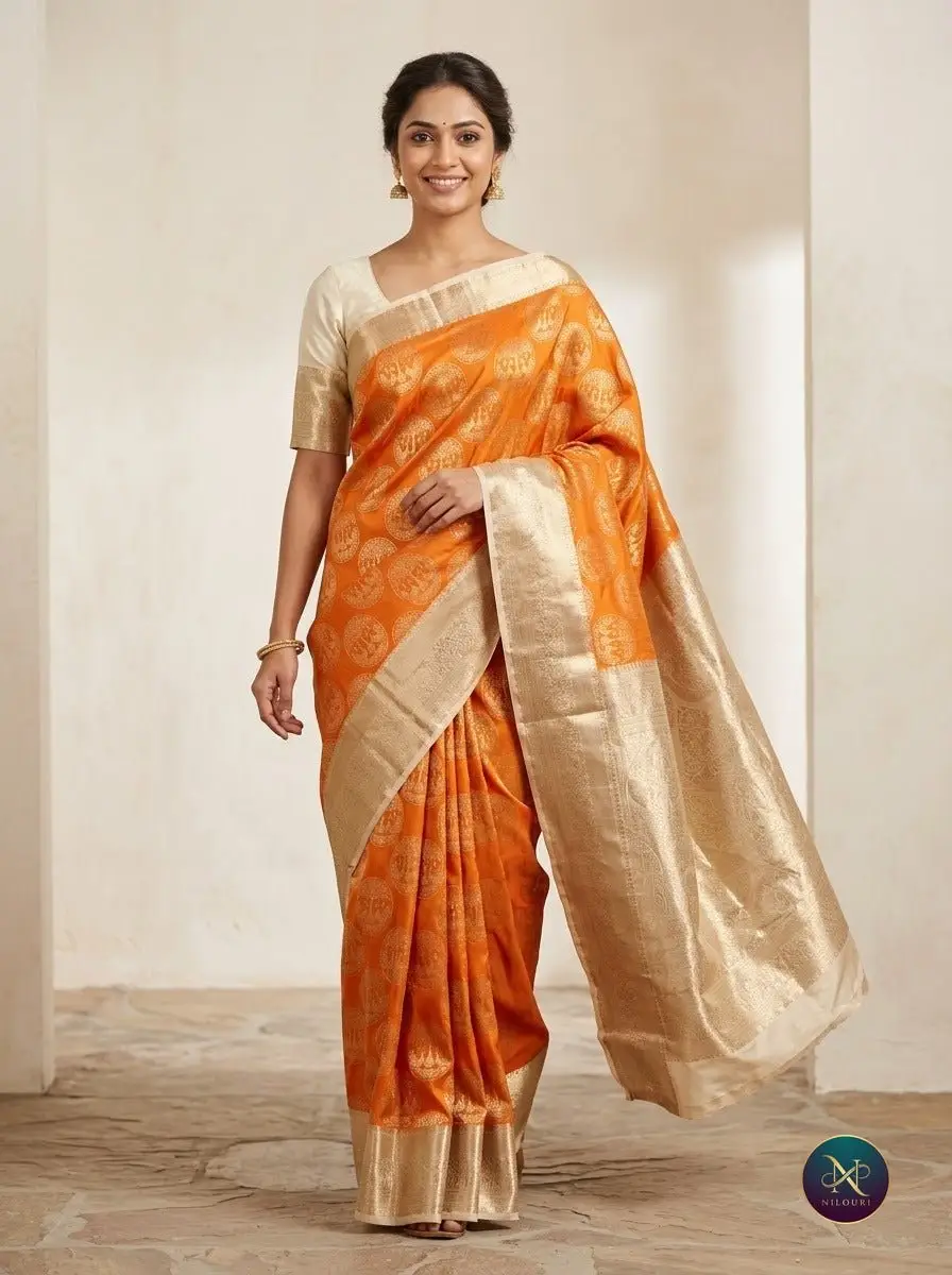Saffron Cream Pure Kanchi Pattu Saree