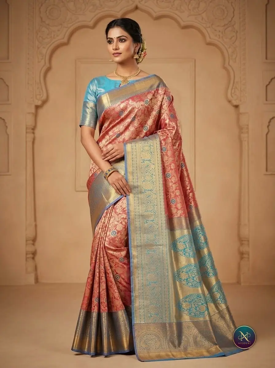 Coral Sky Blue Pattu Silk Saree
