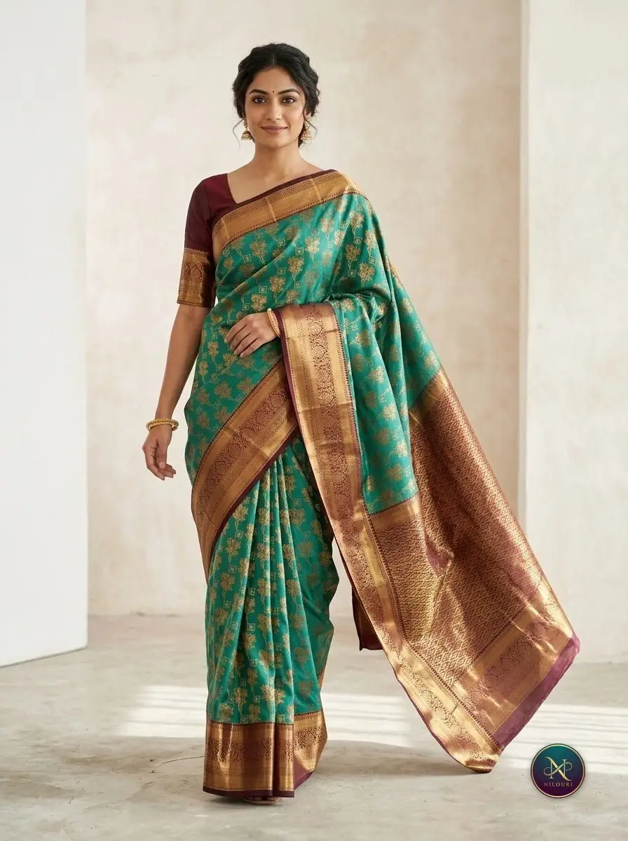 Maroon Teal Pure Meenakari Pattu Saree