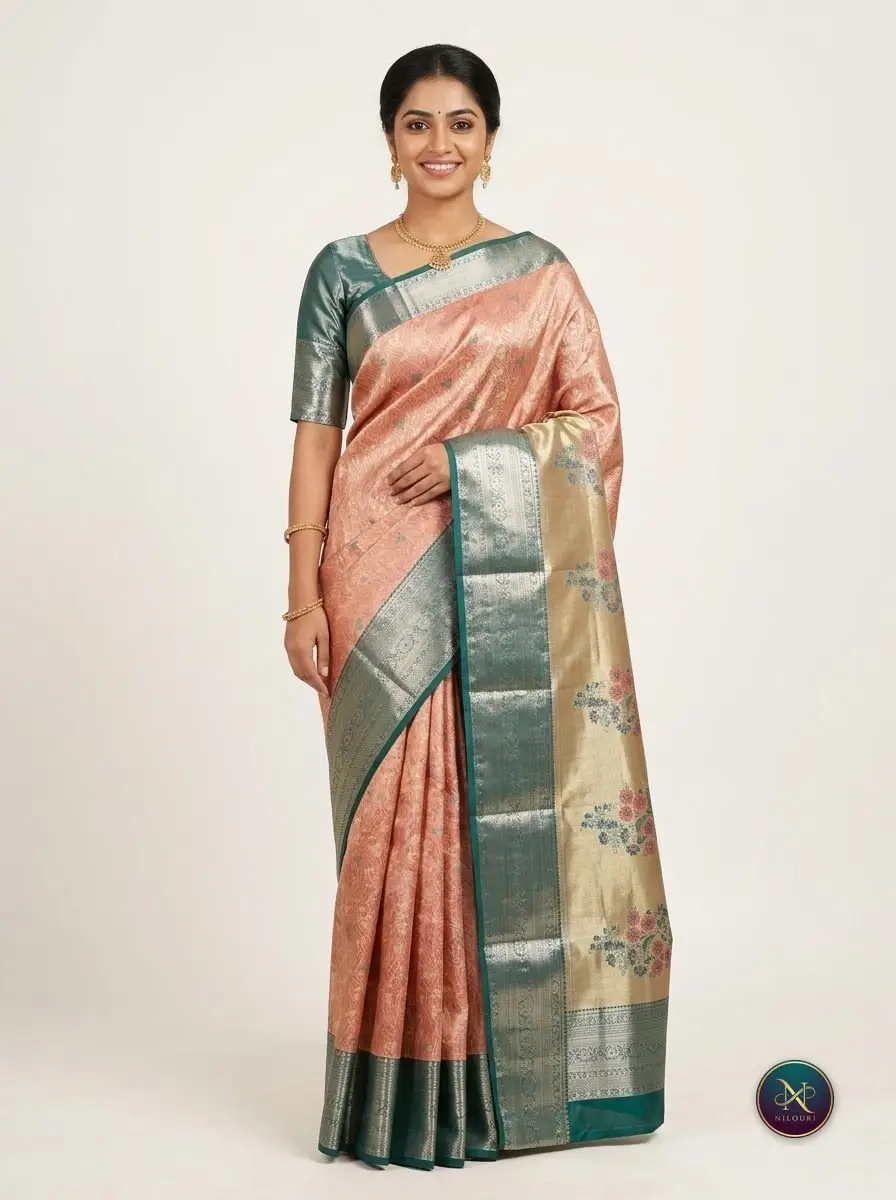Peach Teal Meenakari Pattu Saree