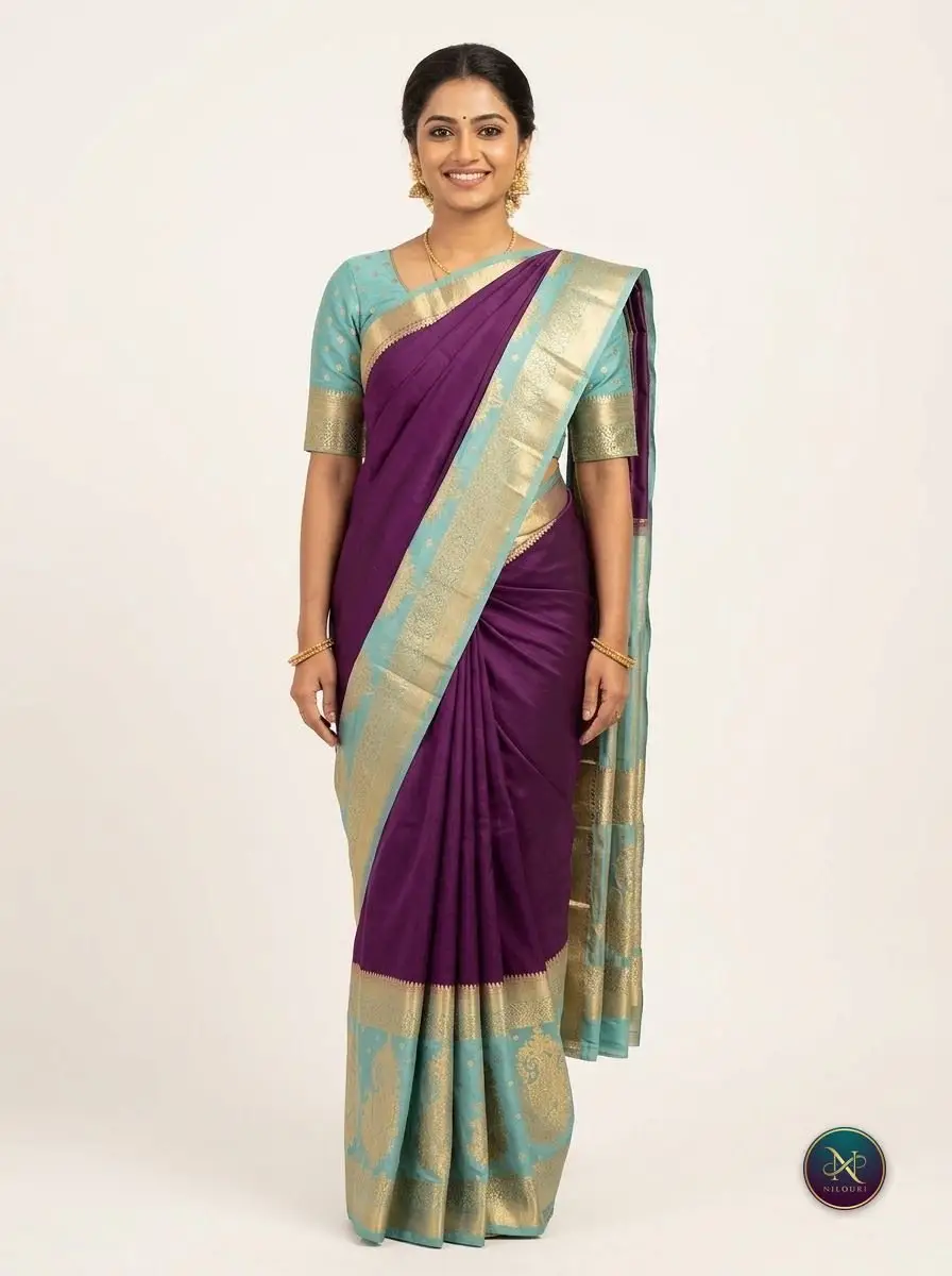 Plum Aqua Mysore Crepe Silk Saree