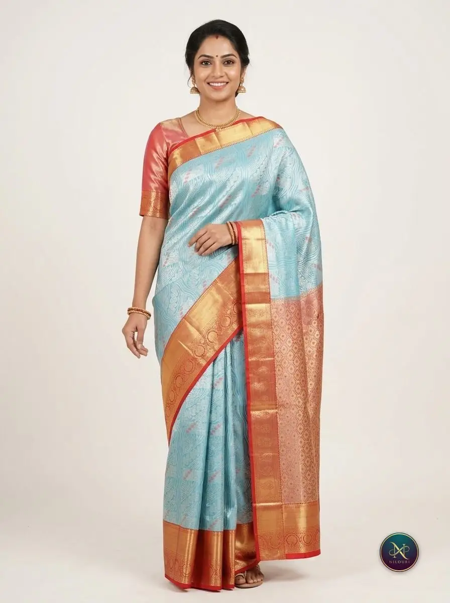 Sky Blue Orange Meenakari Pattu Saree