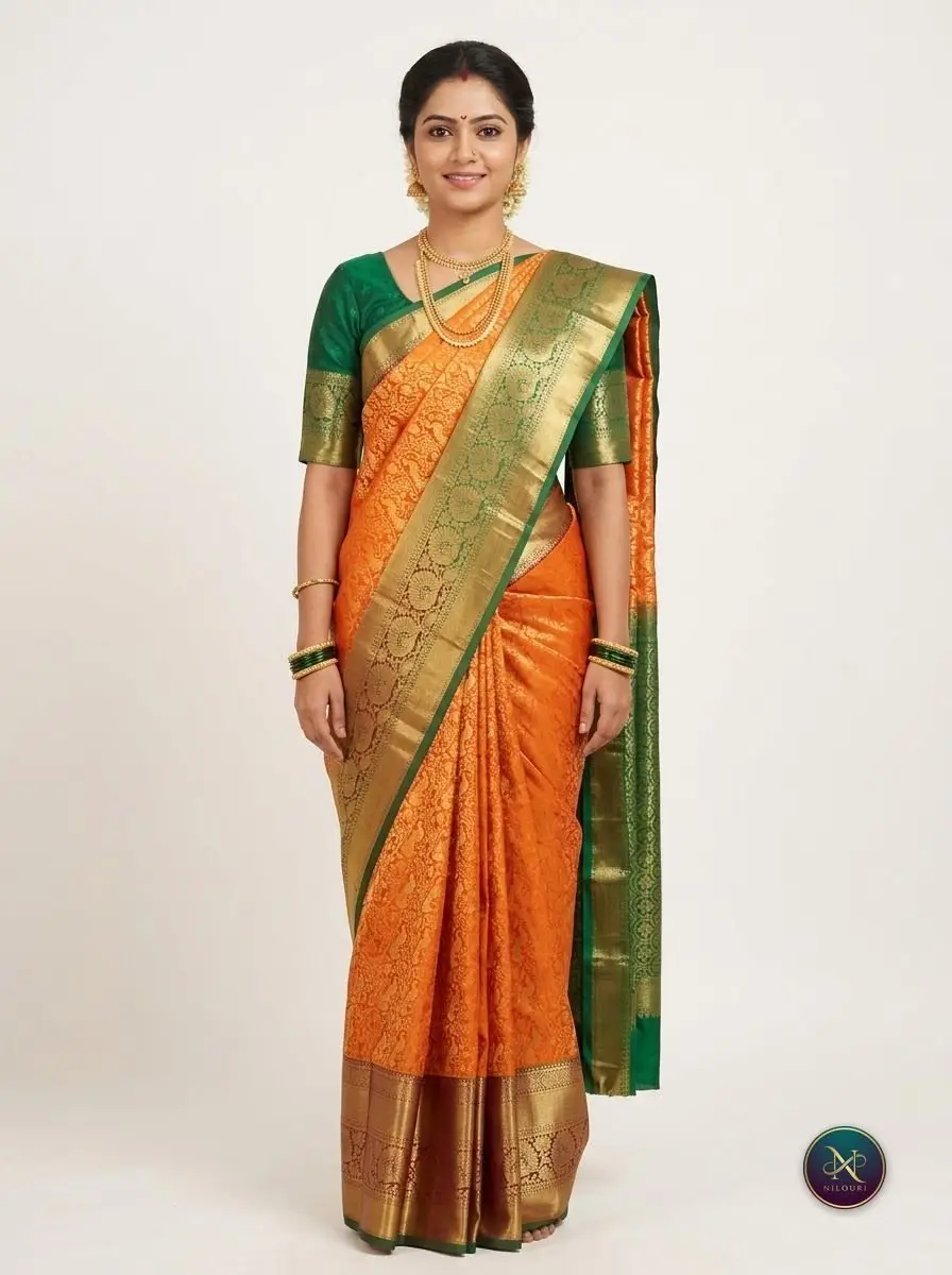 Tangerine Green Pure Pattu Saree