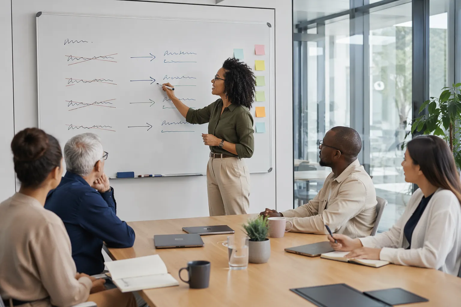 Teamleider herschrijft feedback op whiteboard tijdens inclusieve taaltraining