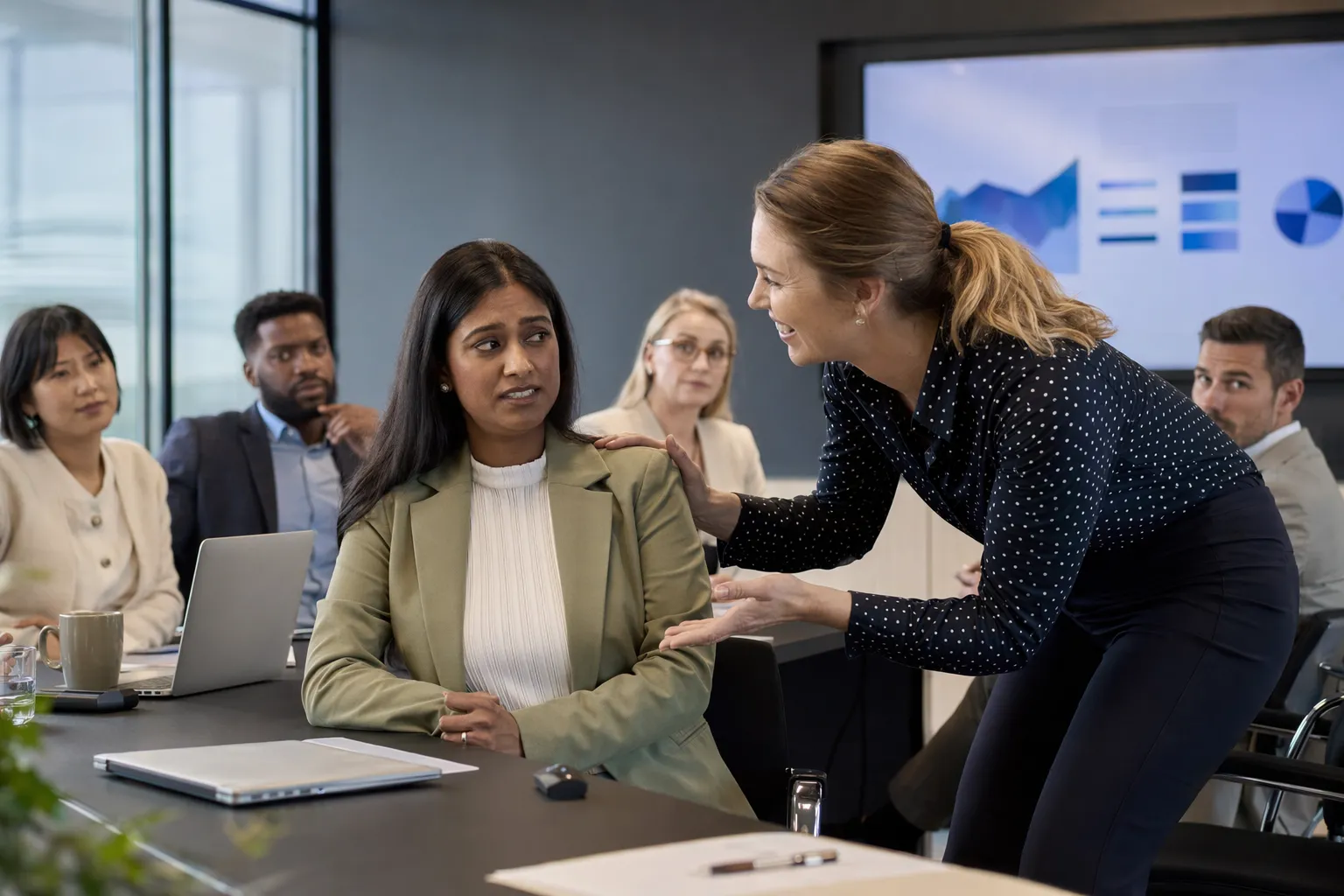 Collega geeft ongemakkelijk compliment na presentatie in vergaderruimte