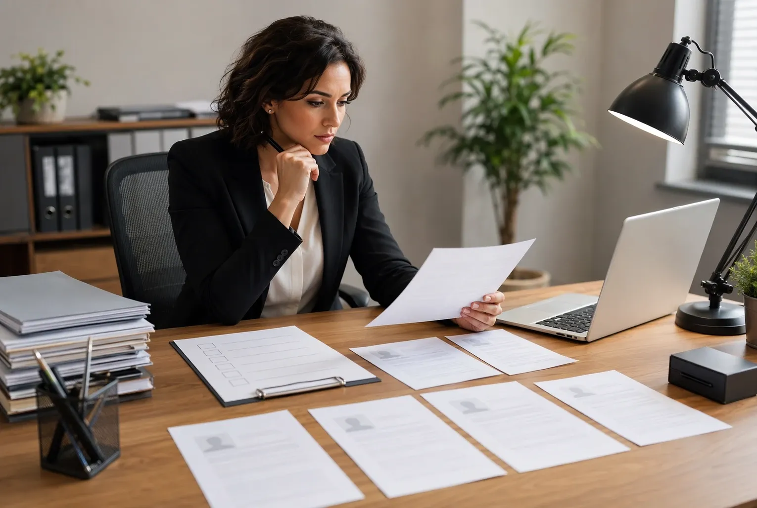 HR-adviseur vergelijkt anonieme cv's met checklist naast laptop
