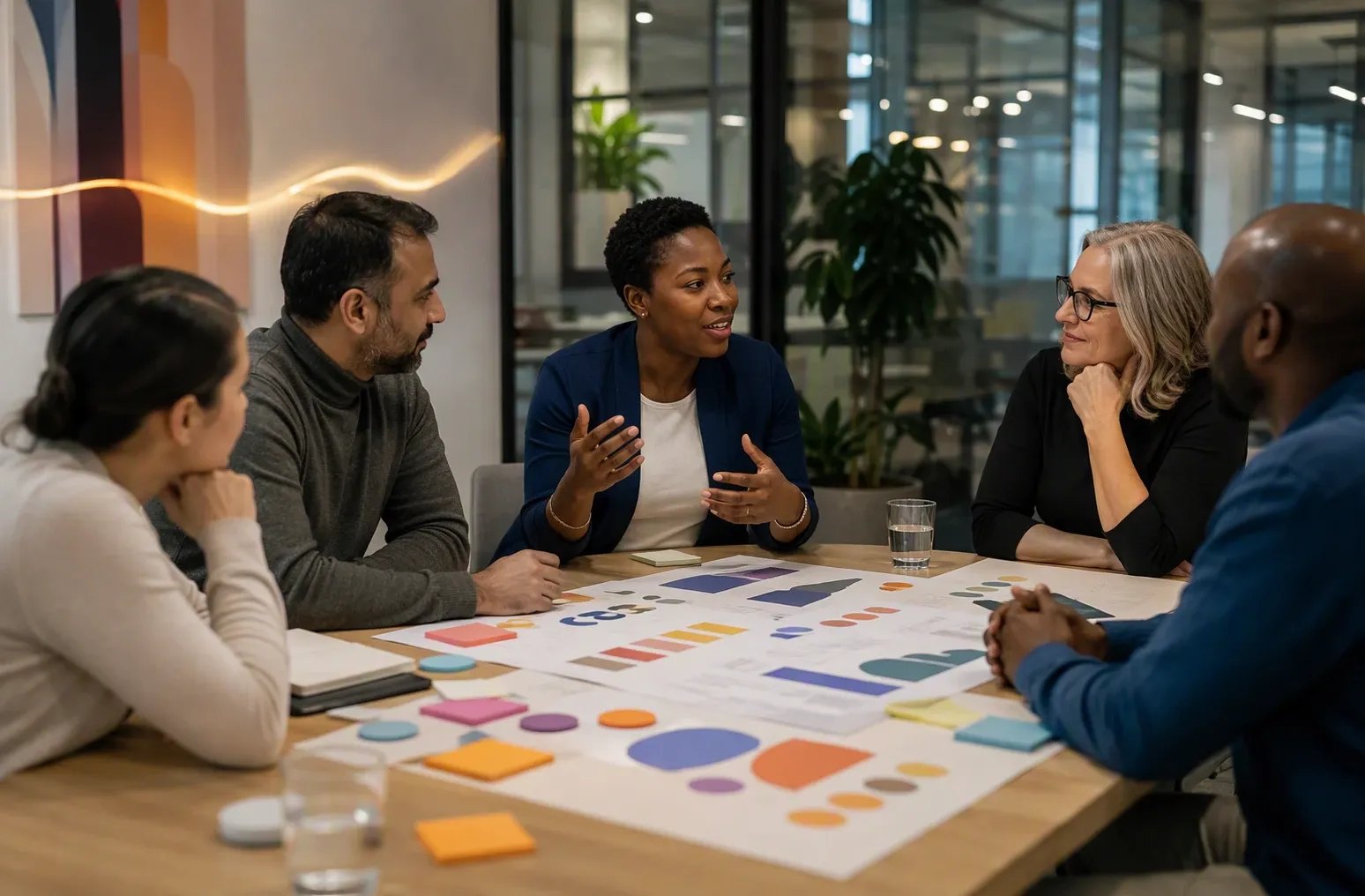 Leidinggevende bespreekt teamfeedback in vergaderruimte