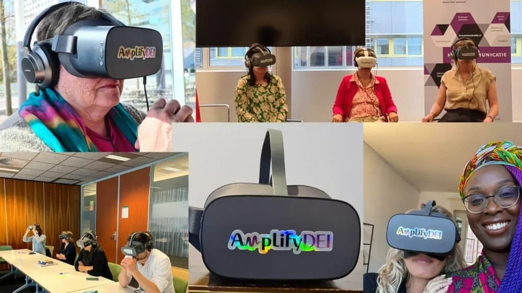 Collage of people using AmplifyDEI branded virtual reality headsets in various settings
