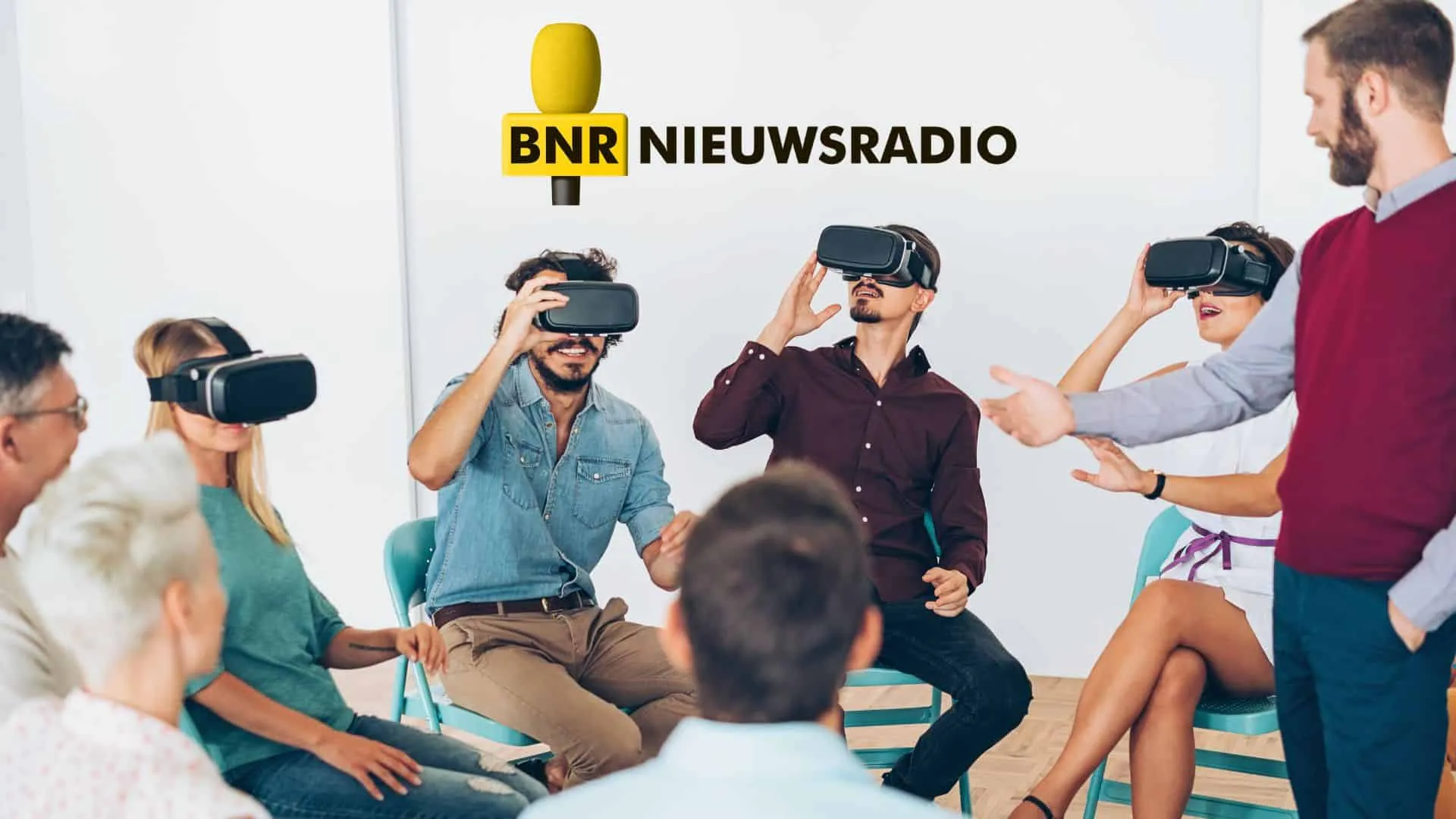 BNR Virtual Reality VR Vivian Acquah Group of people seated in a circle wearing VR headsets during a seminar, with BNR Nieuwsradio logo above