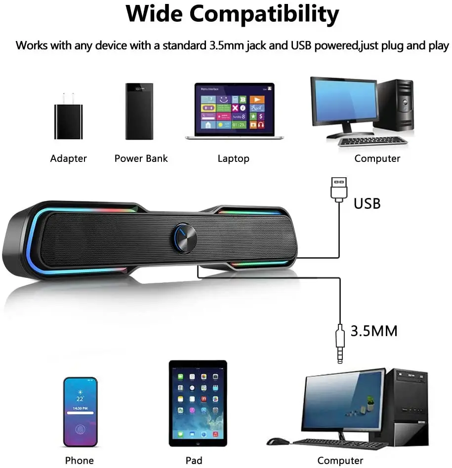 OohTeX RGB Soundbar Computer Speakers,RGB Gaming Speakers for PC, Laptop, Tablet, Smartphones, Wired USB Powered Sound Bar with Bluetooth Connection & Enhanced Stereo Bass, with Dual-Channel LED Lighting Changes Desktop Speakers (OT-RGBSB) - Image 7