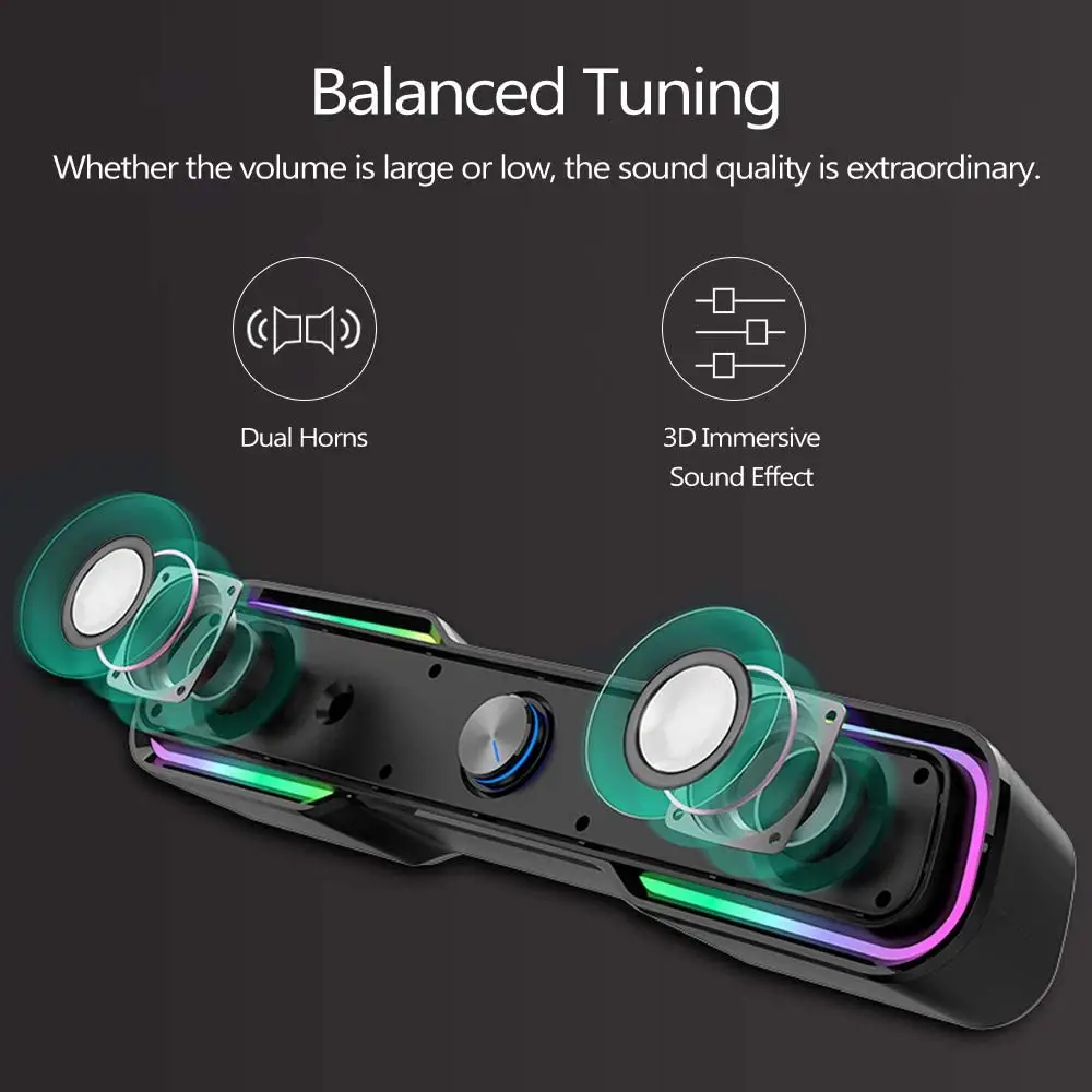 OohTeX RGB Soundbar Computer Speakers,RGB Gaming Speakers for PC, Laptop, Tablet, Smartphones, Wired USB Powered Sound Bar with Bluetooth Connection & Enhanced Stereo Bass, with Dual-Channel LED Lighting Changes Desktop Speakers (OT-RGBSB) - Image 2