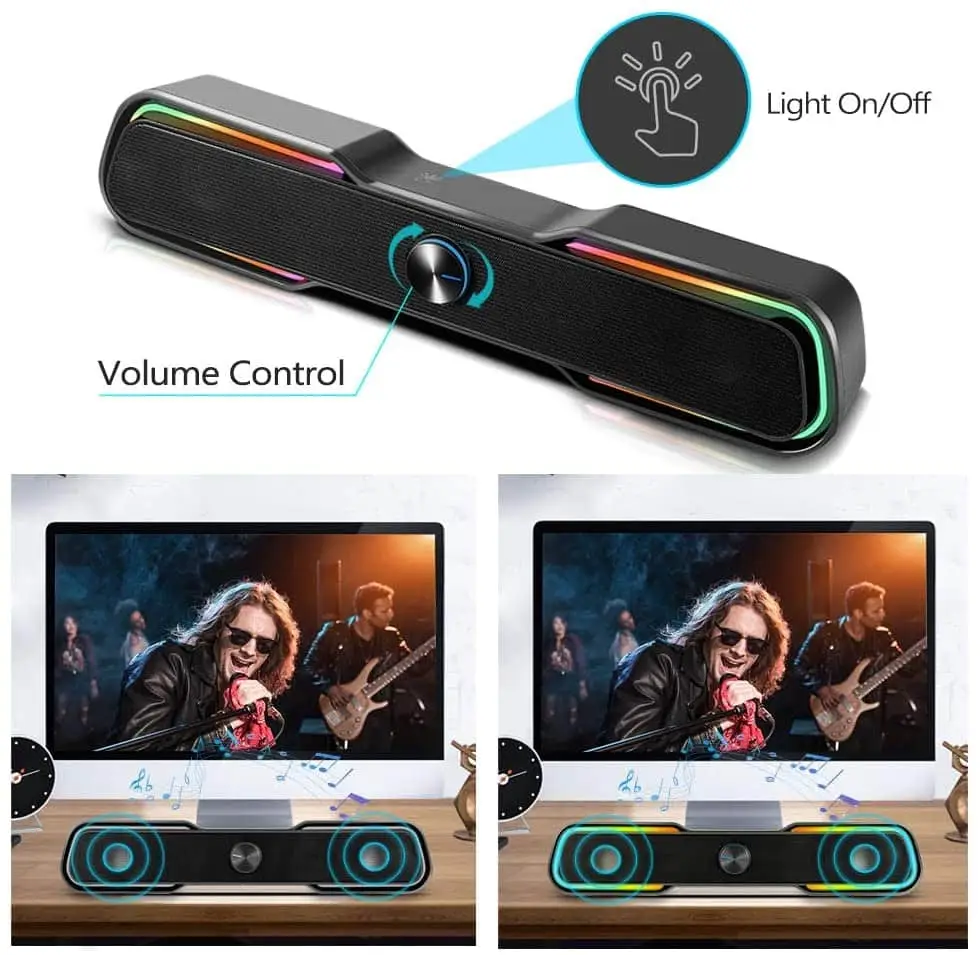 OohTeX RGB Soundbar Computer Speakers,RGB Gaming Speakers for PC, Laptop, Tablet, Smartphones, Wired USB Powered Sound Bar with Bluetooth Connection & Enhanced Stereo Bass, with Dual-Channel LED Lighting Changes Desktop Speakers (OT-RGBSB) - Image 3