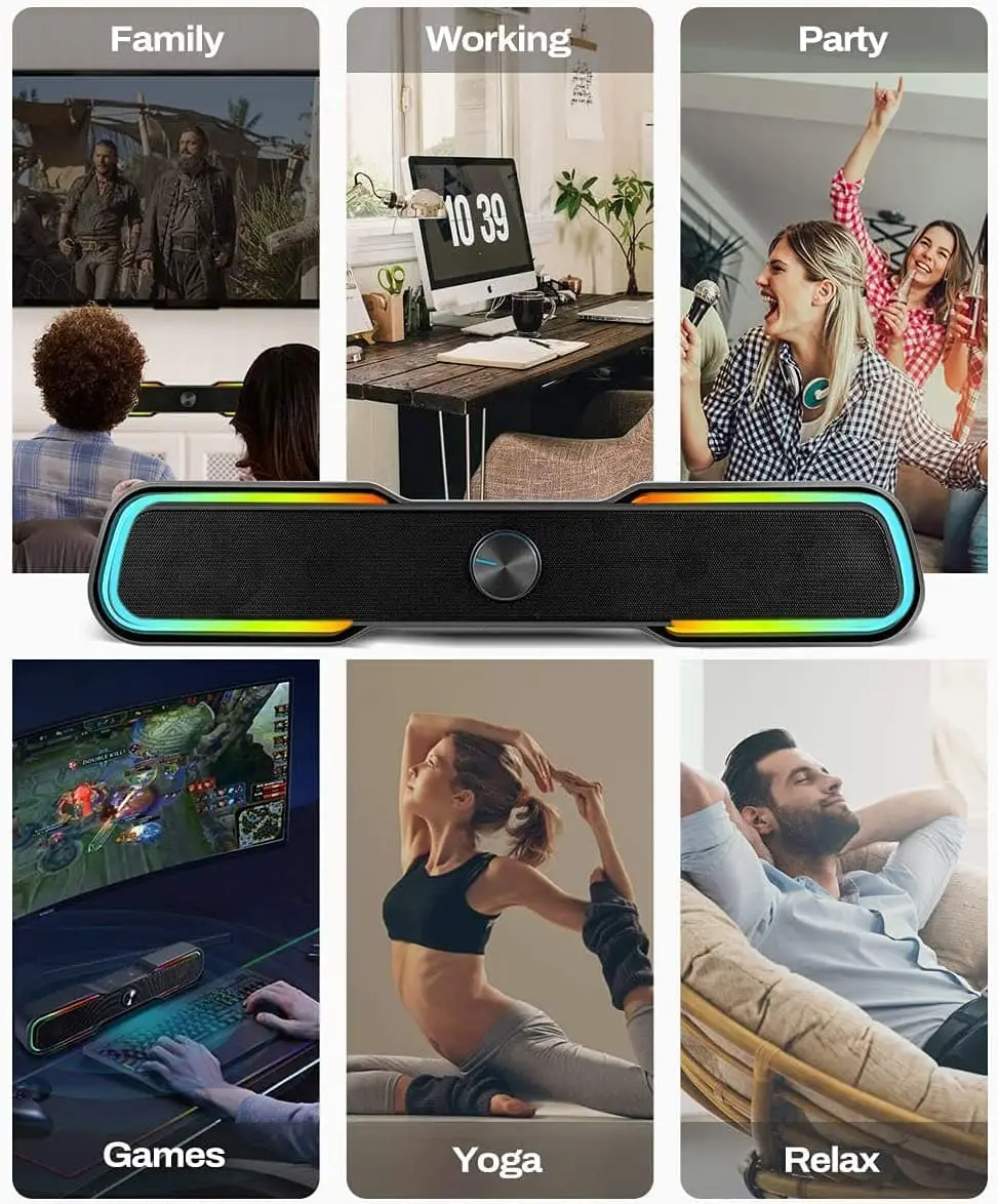 OohTeX RGB Soundbar Computer Speakers,RGB Gaming Speakers for PC, Laptop, Tablet, Smartphones, Wired USB Powered Sound Bar with Bluetooth Connection & Enhanced Stereo Bass, with Dual-Channel LED Lighting Changes Desktop Speakers (OT-RGBSB) - Image 4