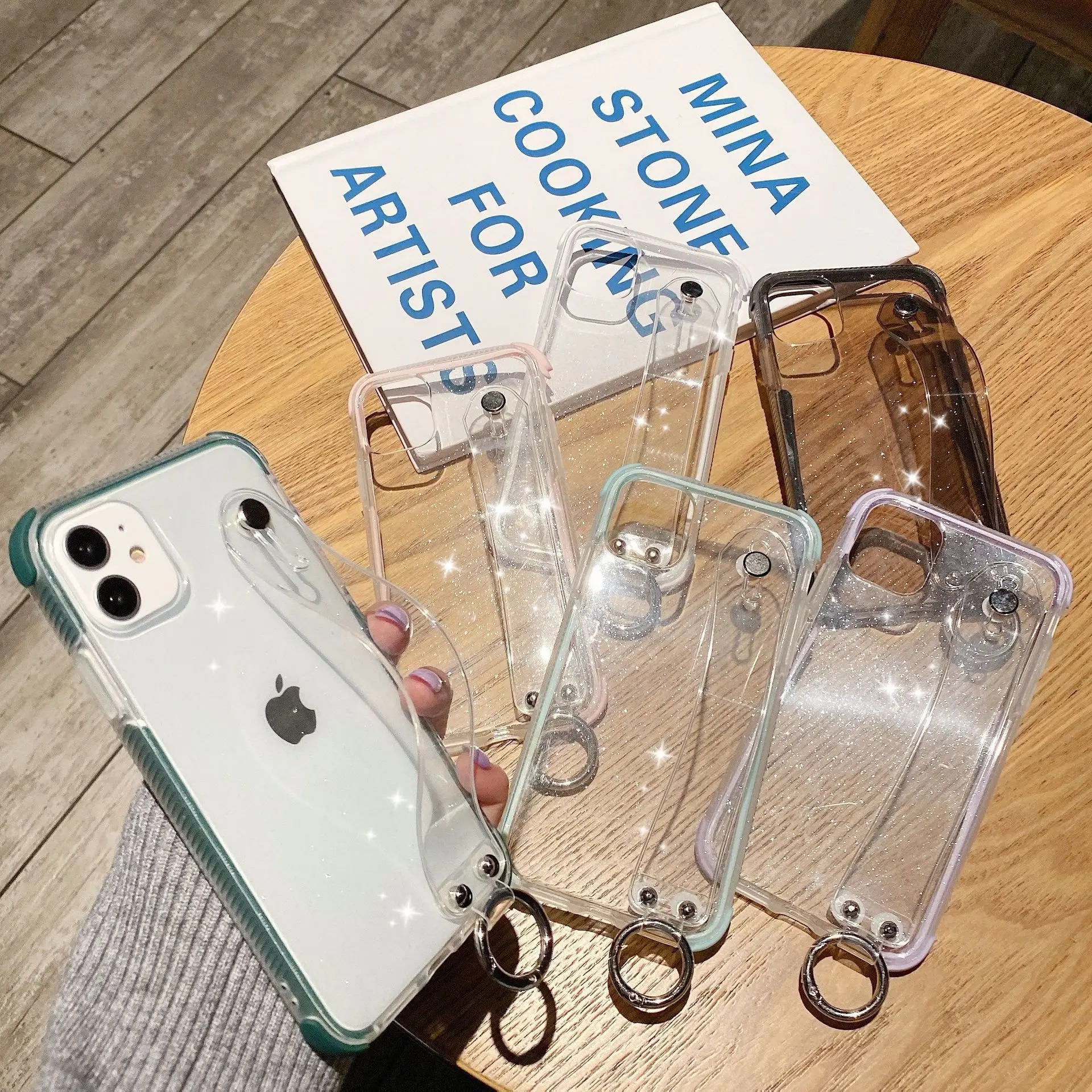 OohTeX Transparent Soft TPU Wrist Strap Hand Strap Soft Silicone  Kickstand Anti-shock Protective Glitter Powder Holder Phone Case - Image 3