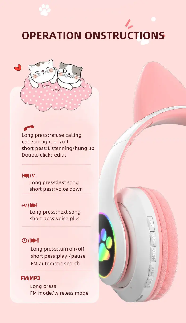 Wireless Cat Ear Bluetooth 5.0 Headset Microphone Handfree Earphone Headphone With LED Light - Image 11