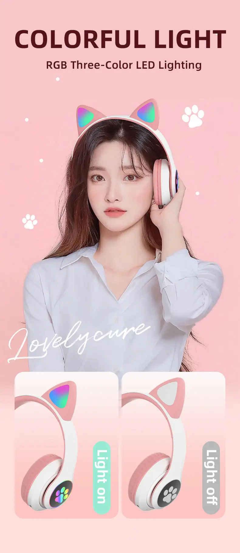 Wireless Cat Ear Bluetooth 5.0 Headset Microphone Handfree Earphone Headphone With LED Light - Image 2