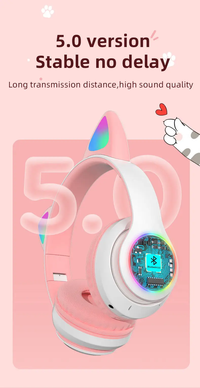 Wireless Cat Ear Bluetooth 5.0 Headset Microphone Handfree Earphone Headphone With LED Light - Image 3