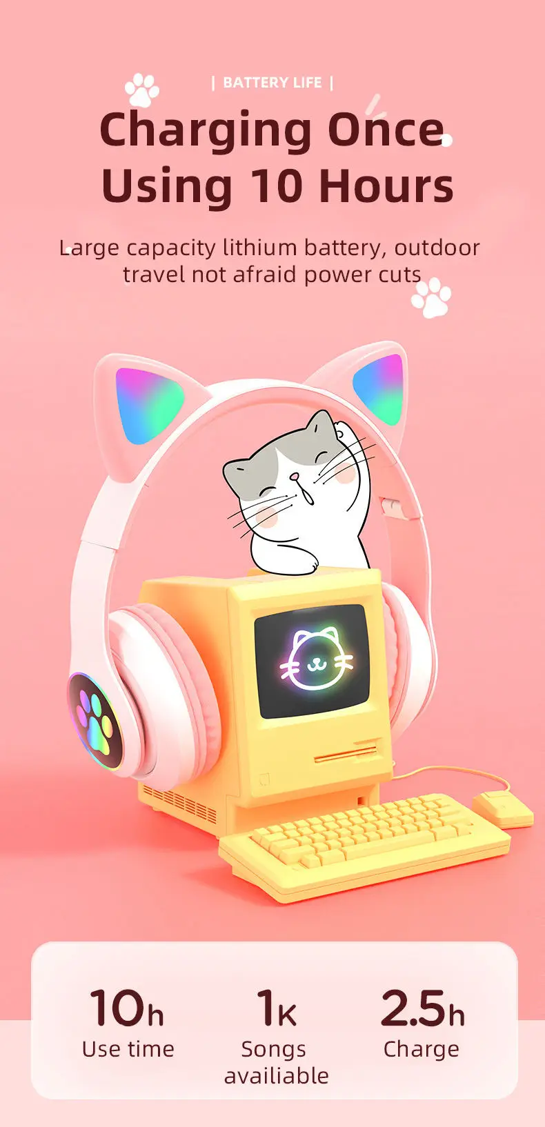 Wireless Cat Ear Bluetooth 5.0 Headset Microphone Handfree Earphone Headphone With LED Light - Image 4