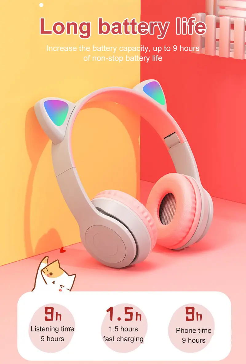 Valdus P47m Cat Ear Wireless Headphone Bt Call Multicolor Glow Led Long Battery Life Gaming Gaming Headset Earphone - Image 6