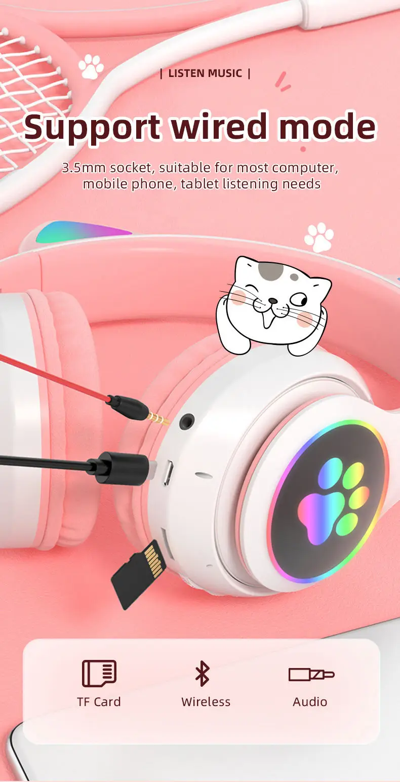 Wireless Cat Ear Bluetooth 5.0 Headset Microphone Handfree Earphone Headphone With LED Light - Image 9