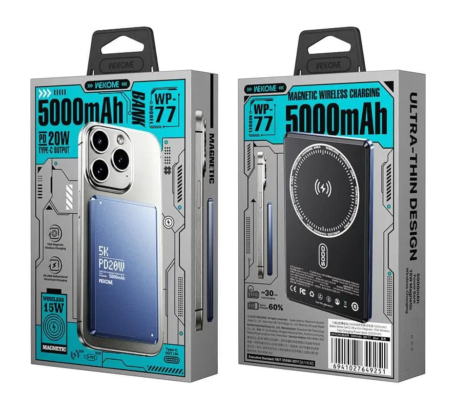 WEKOME 5000 mAh Ultra-thin Magnetic Charging Power Bank Wireless Fast Charging with Super-hard Alloy Shell