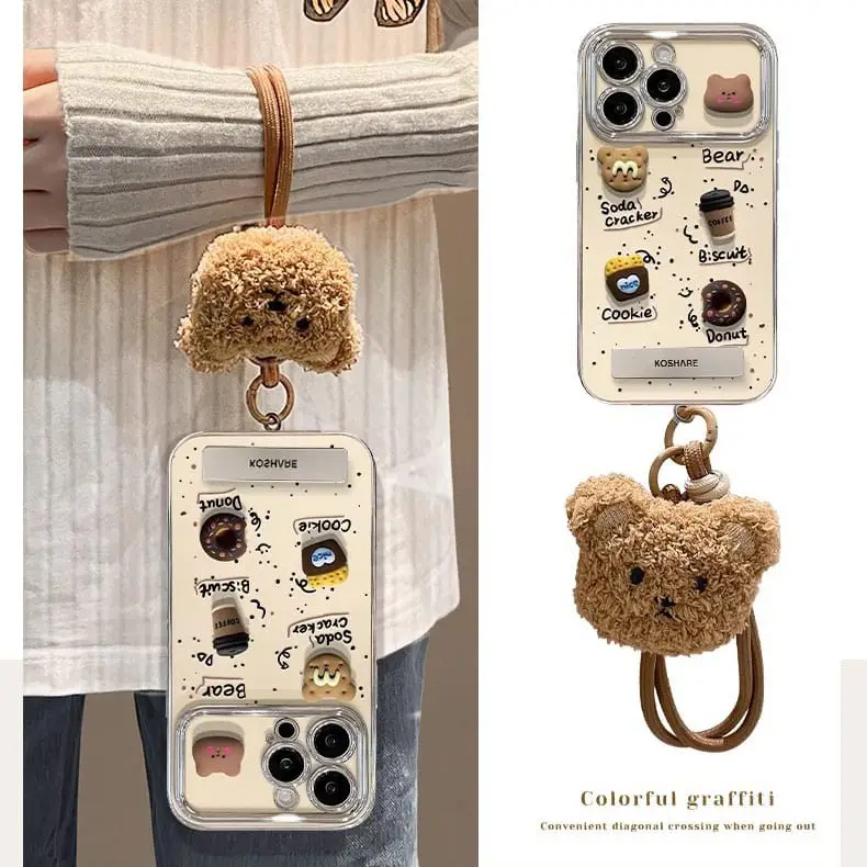 iPhone 16 Pro Cute Bear Cookie Phone Case with Lanyard and Electroplated 6D Window