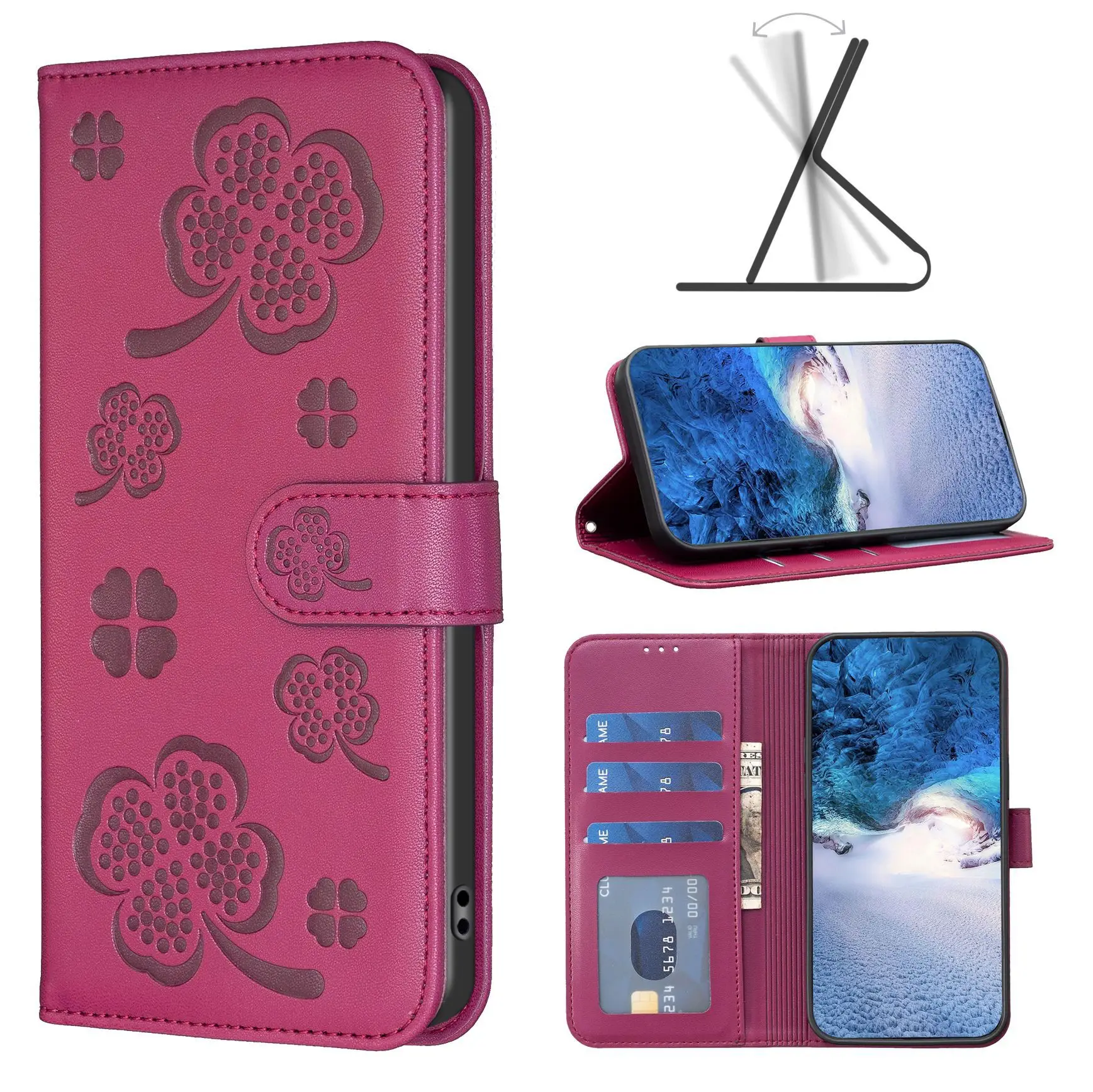 Premium 4-Leaf Clover Embossed Wallet Case for iPhone & Samsung | Shockproof & Versatile