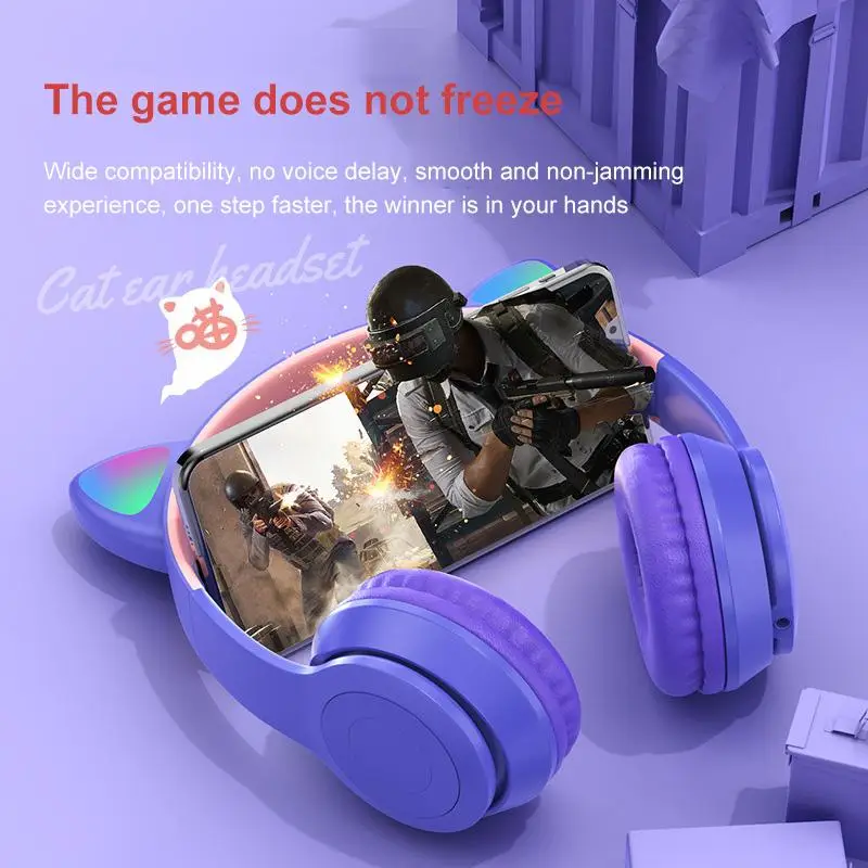 Only $1.46 wholesale price for Valdus P47m Cat Ear Wireless Headphone Bt Call Multicolor Glow Led Long Battery Life Gaming Gaming Headset Earphone