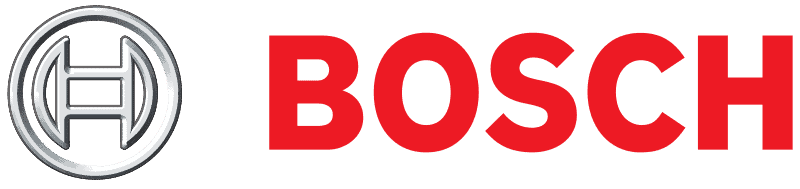 Logo Bosch composé d'un emblème argenté en forme d'engrenage à gauche et du mot « BOSCH » en lettres rouges grasses à droite, rappelant la précision et le savoir-faire du travail du Paysagiste Elagage Albi.