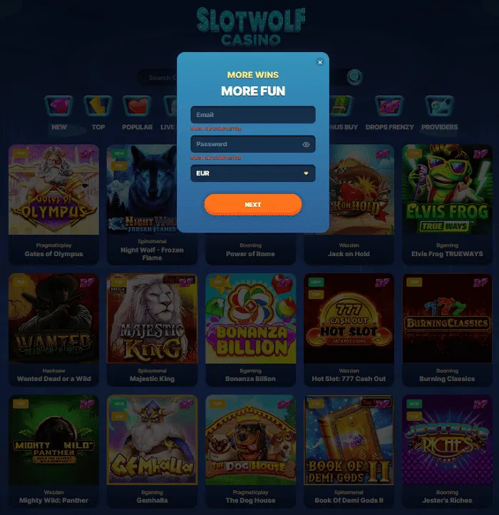 SlotWolf Casino 50 free spins bonus no deposit required