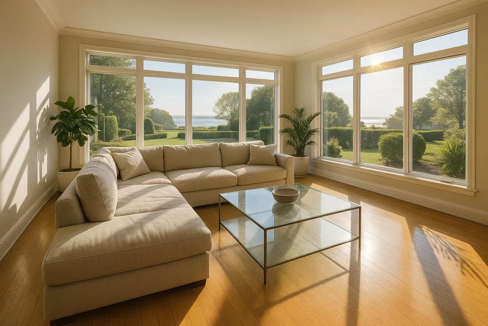 Sunlit modern living room in an upscale baldwin home, featuring a plush sofa, glass coffee table, potted plants, polished wood floors, and large windows with coastal views. Professionally staged and photographed for luxury real estate listings.
