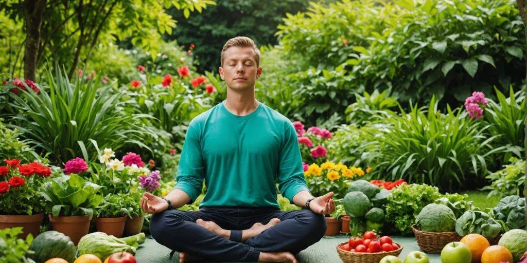 Person meditiert im grünen Garten mit Früchten und Gemüse.