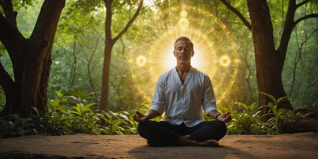 Heiler meditiert in der Natur mit Energiefeldern