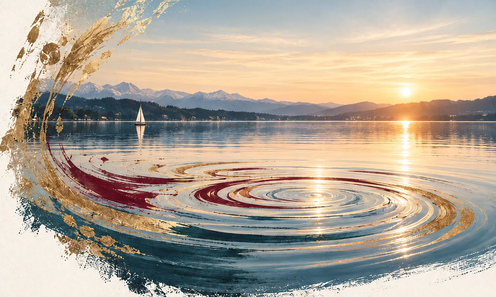Künstlerische Ammersee-Szene mit Segelboot und abstrakten Resonanzringen
