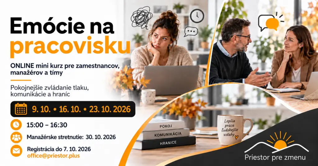 Jeseň býva v práci obdobím zvýšeného tempa. Po návrate z dovoleniek sa naplno rozbiehajú projekty, pribúdajú termíny a rastie tlak na výsledky. Mnohí ľudia vstupujú do posledných mesiacov roka s pocitom, že potrebujú zvládnuť priveľa vecí naraz. Práve v tomto období sa často ukazuje, ako pracujeme so stresom, napätím, komunikáciou a vlastnými hranicami. Niektorí ľudia sa snažia zvládnuť všetko naraz, iní už pociťujú únavu, podráždenosť alebo pokles motivácie. Bez vedomej práce s vlastnými reakciami môže dlhodobý tlak postupne prerásť do vyčerpania a zhoršiť vzťahy na pracovisku. Mini kurz Emócie na pracovisku pomáha účastníkom zvládať pracovný tlak vedomejšie, komunikovať pokojnejšie a riešiť pracovné situácie bez zbytočného vnútorného napätia.