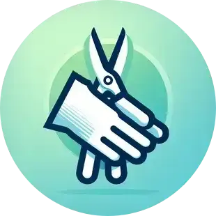 Illustration of a hand wearing a glove holding a pair of scissors against a circular green background.