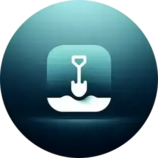 Icon of a shovel digging into the ground, depicted in white on a gradient blue circular background.