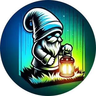 Illustration of a bearded gnome wearing a pointy hat and holding a glowing lantern, standing on grass with a gradient blue to green background.