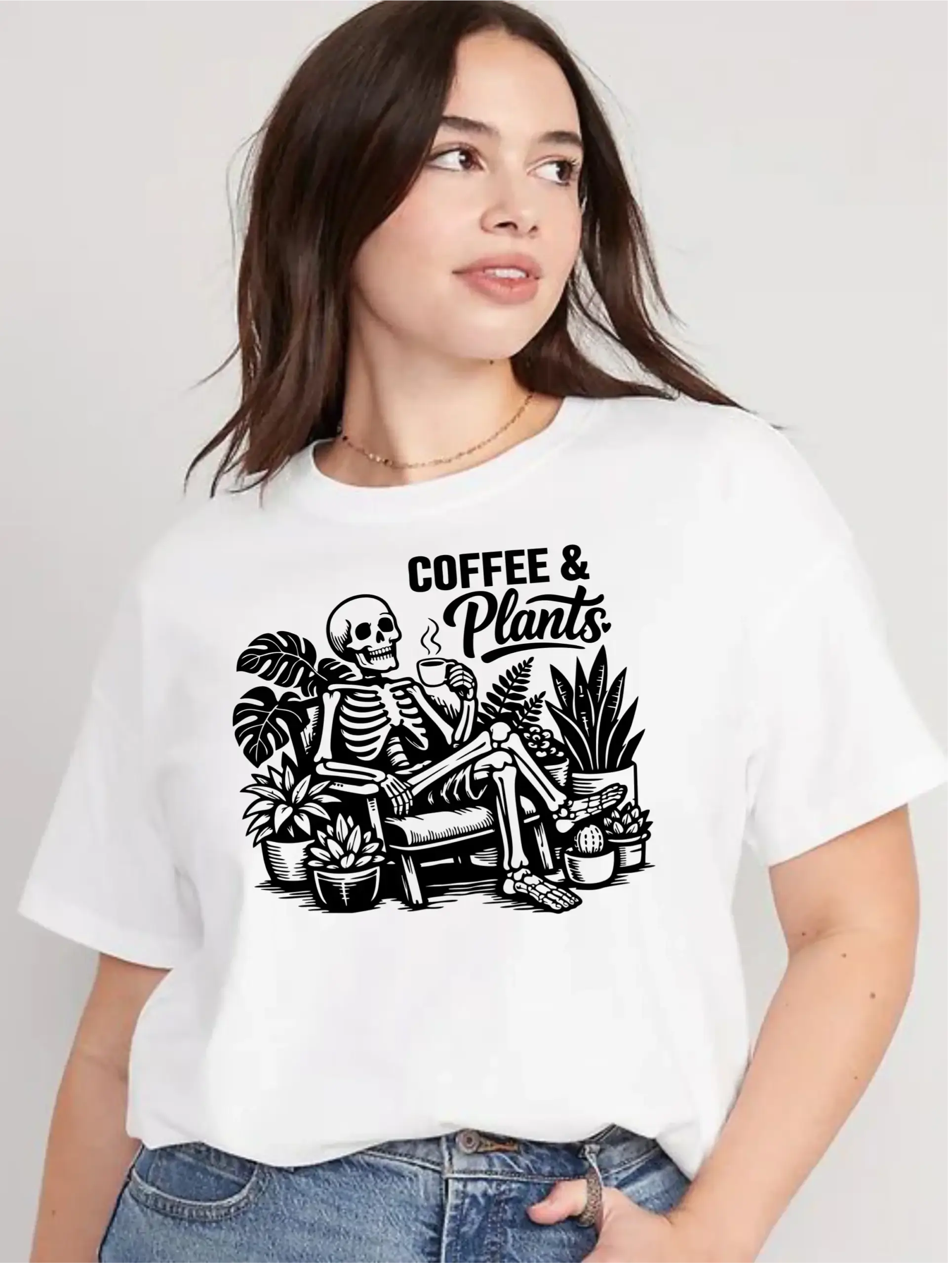 Coffee and Plants Skeleton White T-Shirt
