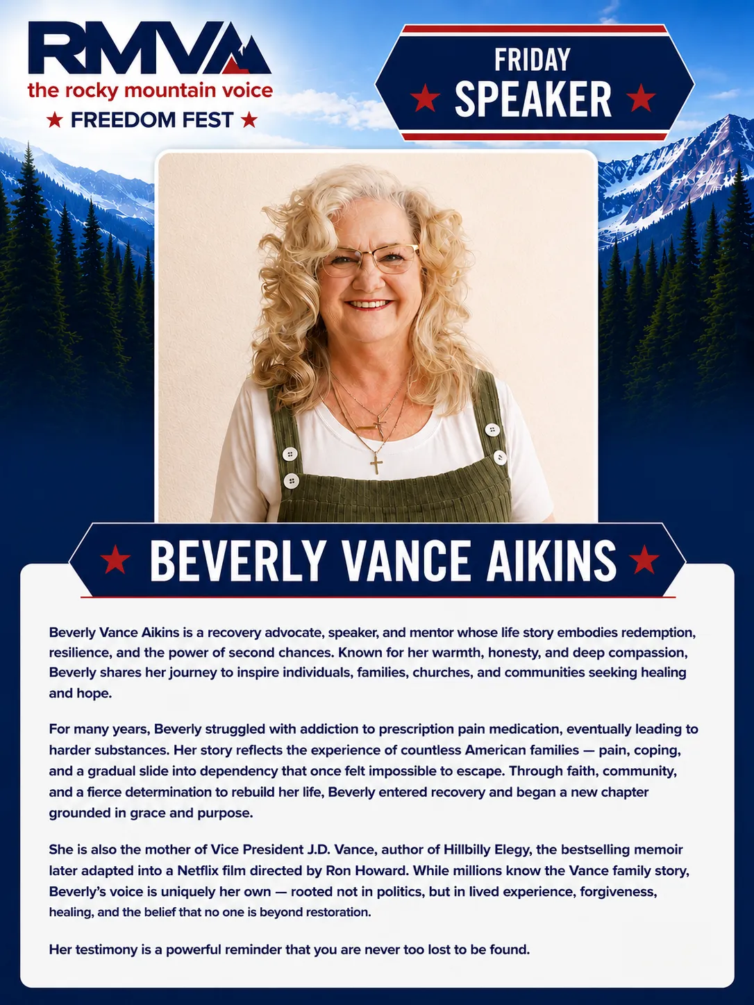 Bev Aikins · Friday Spotlight — RMV Freedom Festival 2026 speaker poster