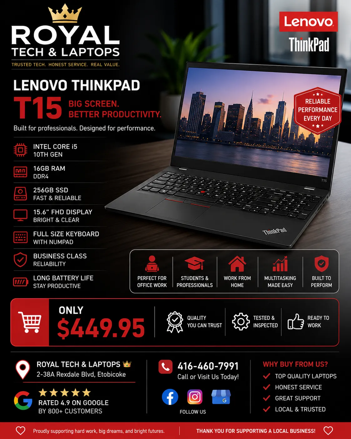 |Lenovo T15 G1 | i5-10 Gen | 16 GB RAM | 256 SSD |  🔥 BIG SCREEN. BUSINESS POWER. 🔥