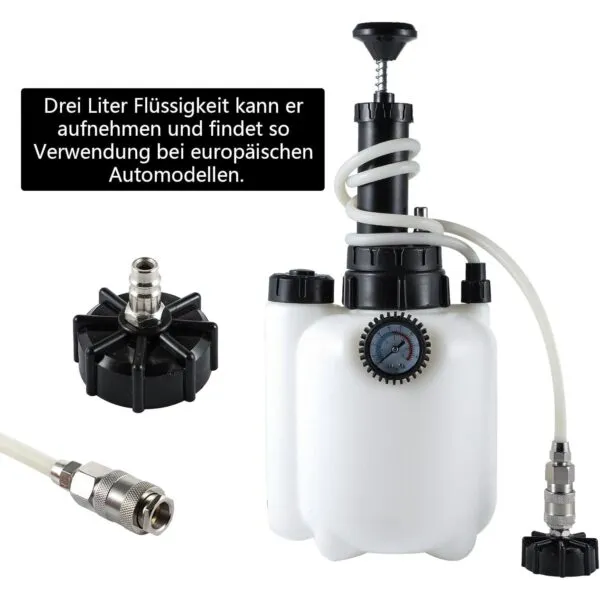 3L Bremsenentlüftungsgerät mit 1L Flasche und E20 Adapter, Text auf Deutsch.