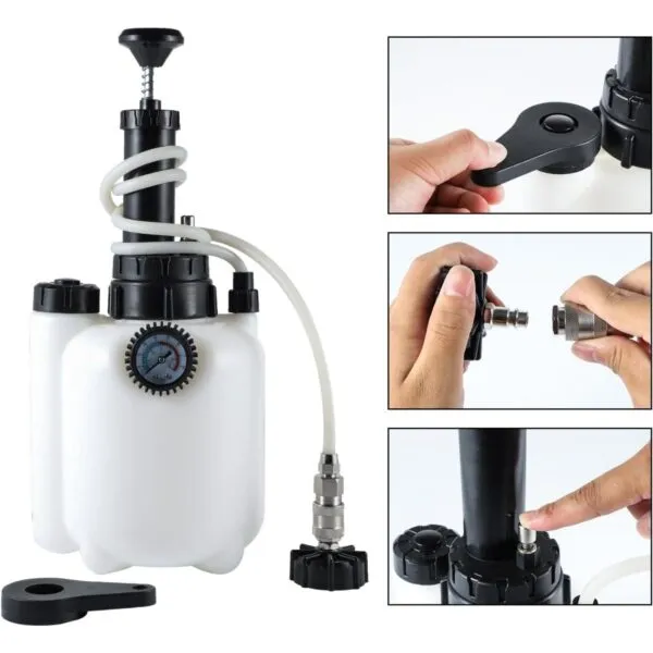 3L Bremsenentlüftungsgerät mit Flasche und E20 Adapter, Details abgebildet.