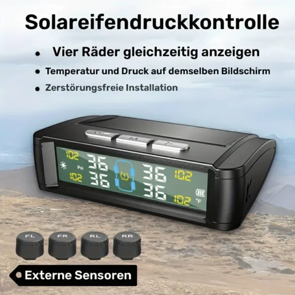 Solar TPMS System für 4 Räder mit Display & externen Sensoren zur Reifendruckkontrolle.