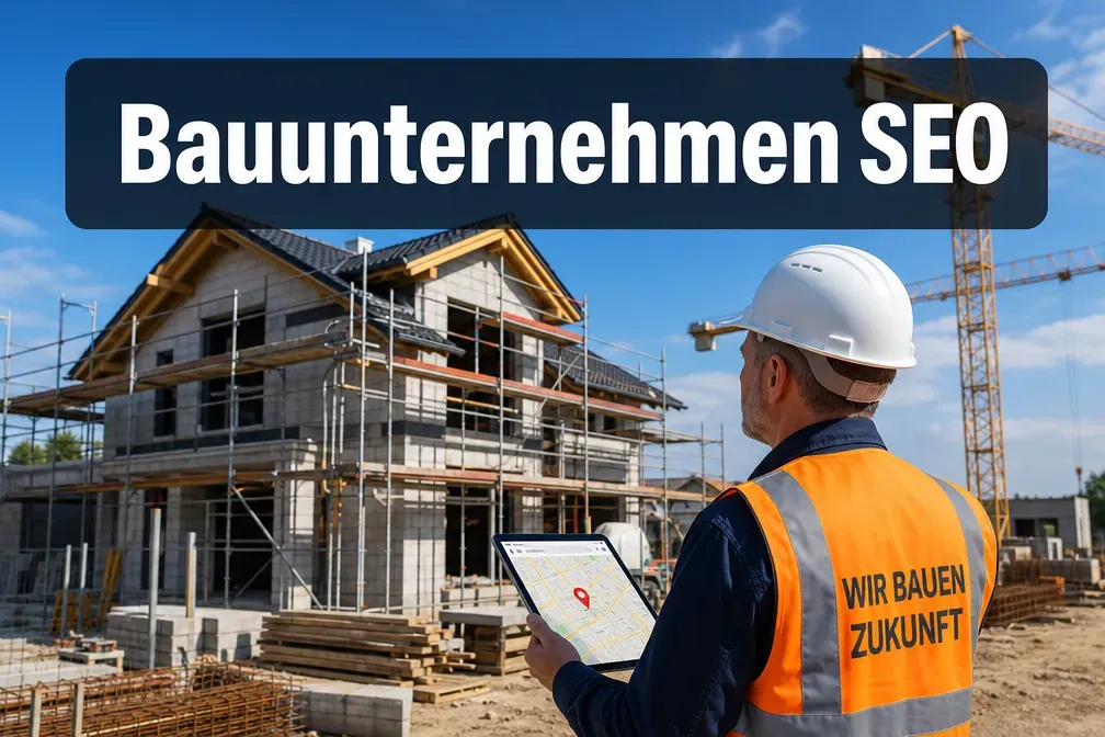 Professional () editorial hero image with 'Bauunternehmen SEO' in crisp white on a dark semi-transparent panel, centered on