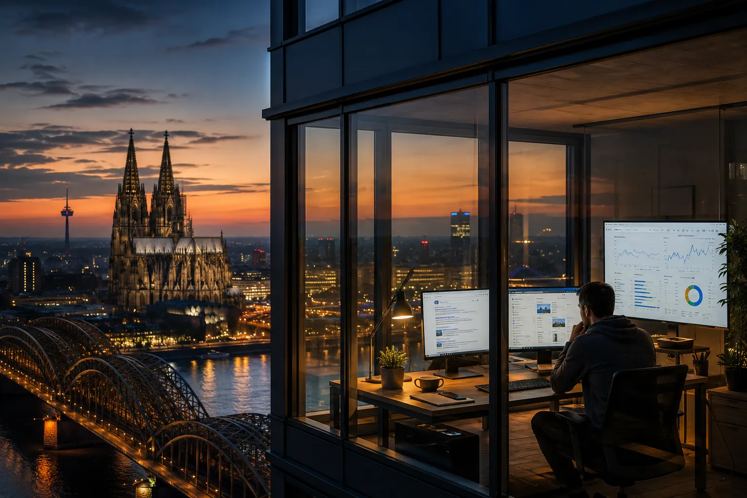 Professional () hero image showing the Cologne Cathedral (Kölner Dom) in the background at dusk with a modern glass office
