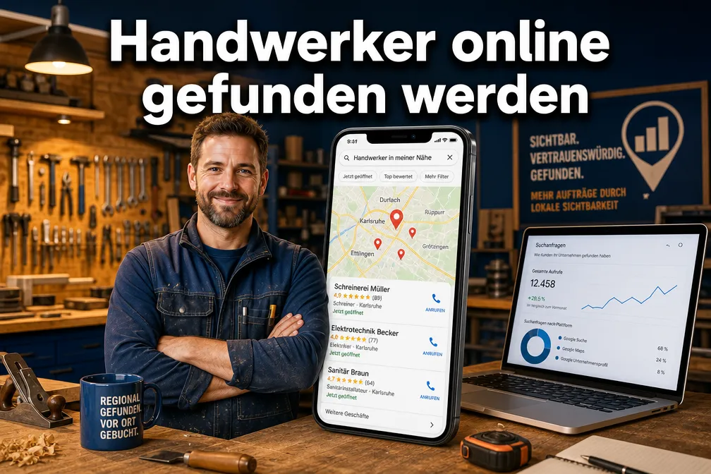 Professional () hero image with 'Handwerker online gefunden werden' in extra large white with dark drop , centered in upper