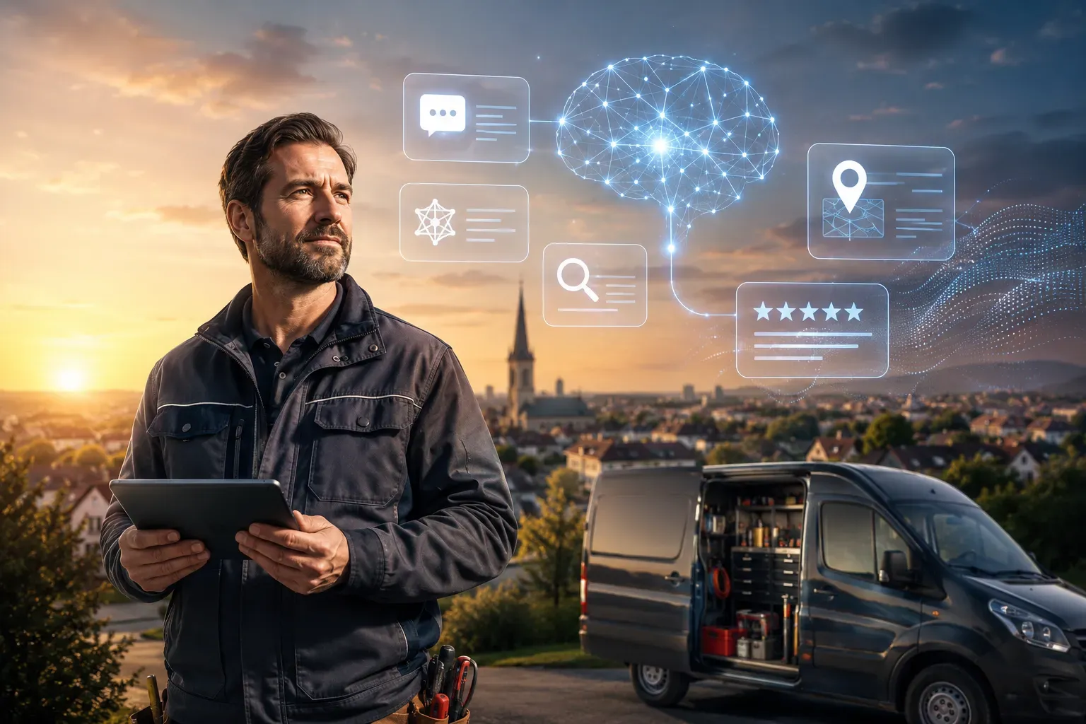 Professional landscape hero image (). Modern design, , , aesthetic. Background imagery relevant to: AI-Sichtbarkeit und